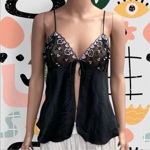 Magic Silk | Y2K 100% Silk Sheer Heart Embroidered Tie Front Lingerie Top
